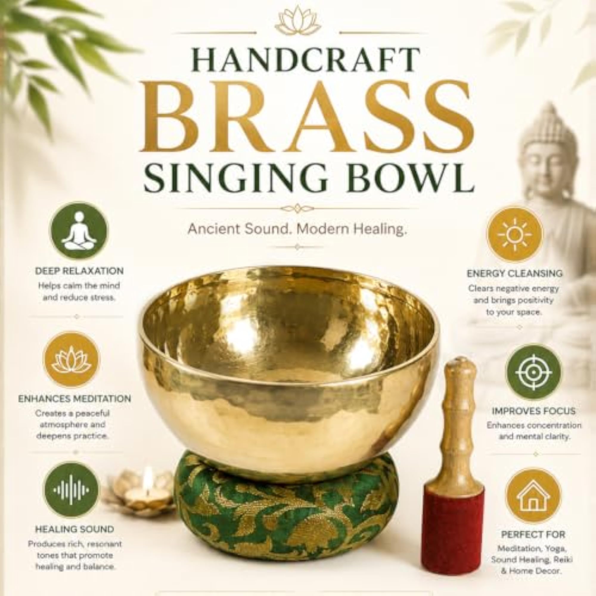Tibetan Singing Bowl Set, 15 cm Pure Brass Meditation Bowl